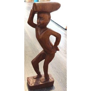 11" Hand Carved Wood Wooden Man Carrying Bundle on Head Tribal Life
